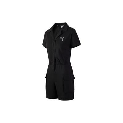 Einfarbiger Vintage-Jumpsuit aus Baumwolle mit Logo-Stickerei, lässiger Damen-Jumpsuit, Schwarz 535232-01