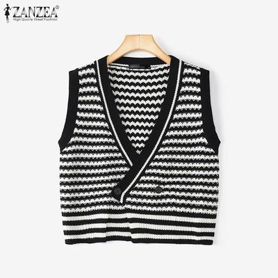Women V Neck Sleeveless Stitching Striped Cropped Knitted Sweater Vest Waistcoat