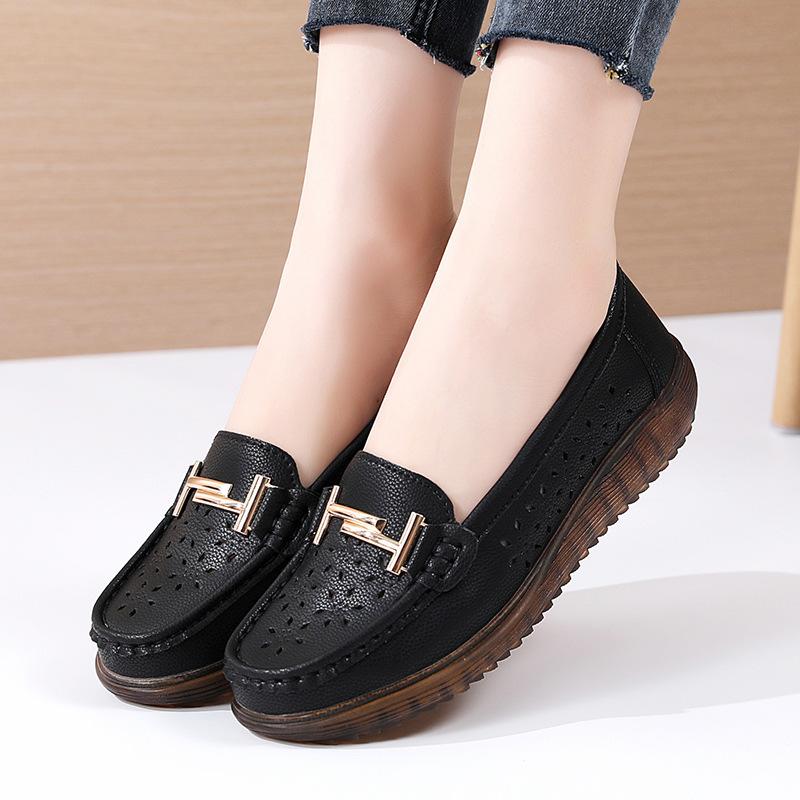 

Кожаные полые туфли Doudou женские летние дышащие на плоской подошве с отверстиями для беременных женщин больших размеров на мягкой подошве туфли для мам 41