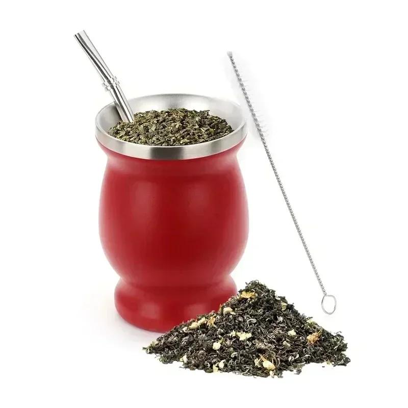 8oz Tea Yerba Mate Cup 304 Inox Double-Wall Insulated Vacuum Stainless Steel Mate Straw Tea Coffee Set With Spoon Brush Bombilla