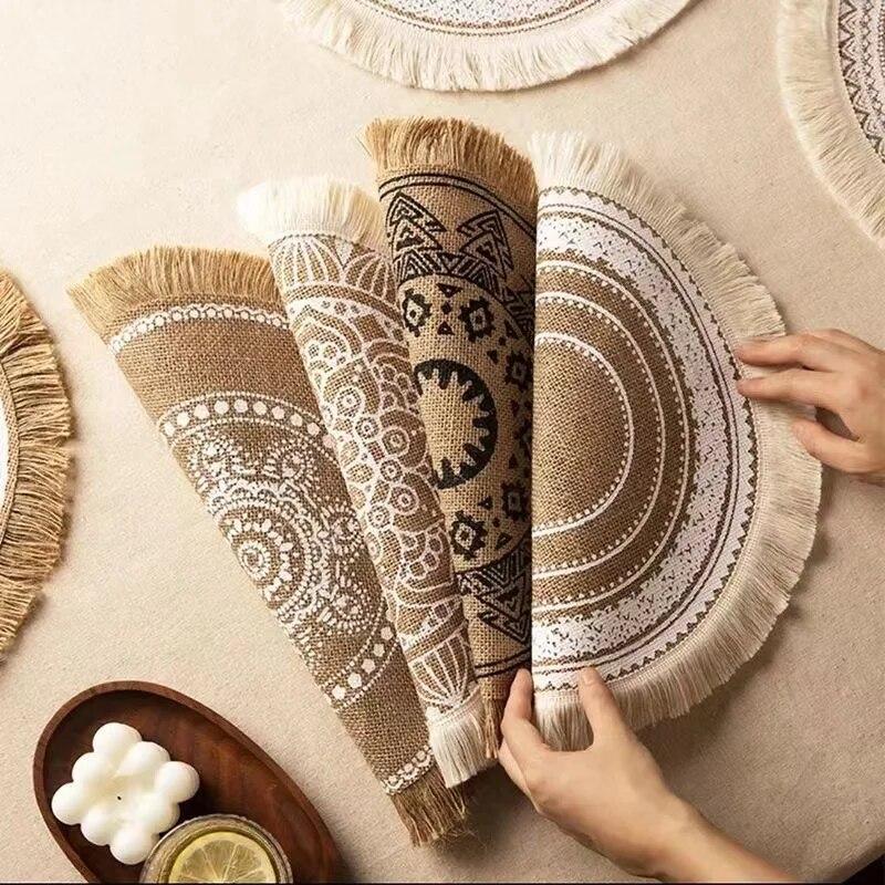 Boho Round Placemat 15 Inch Farmhouse Woven Jute Fringe TableMats with Pompom Tassel Place Mat for Dining Room INS Table Decors