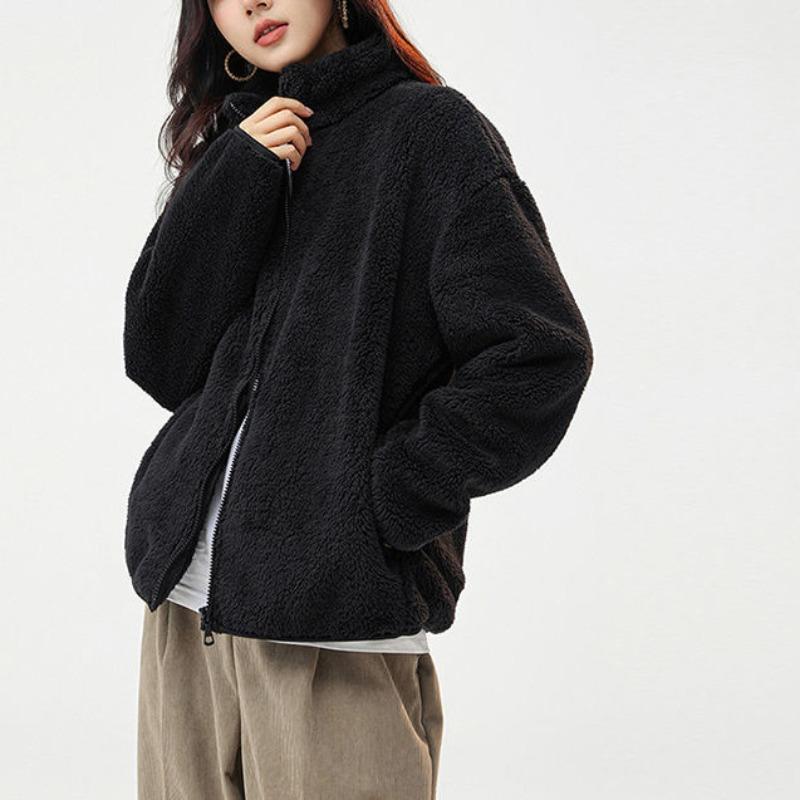 Autumn and Winter New Loose Double-sided Fleece Sweater Women's Pink Coral Fleece Warm Jacket Stand-up Neck Cardigan Fleece Trendy