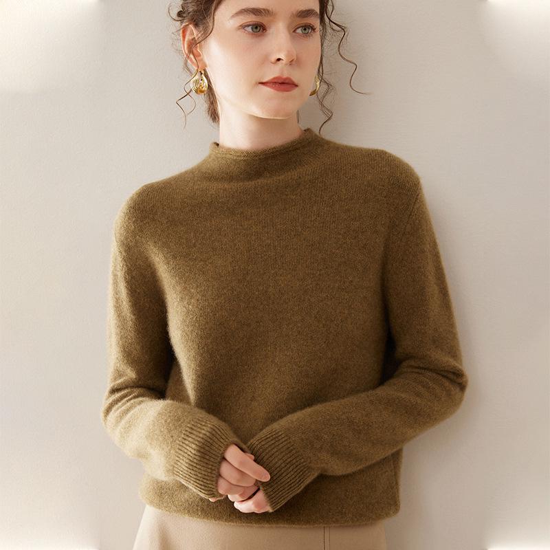 Women's Cashmere Rolled Hem Turtleneck Sweater: Pure, Double-Ply, Thick Knit, Short, Loose, Versatile Base Layer