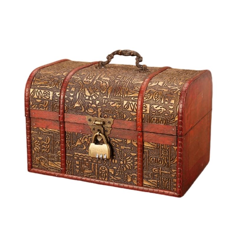 Vintage Wooden Treasures Chest Decorative Keepsakes Storage Container with Lock Antique Jewelry Organiser for Women