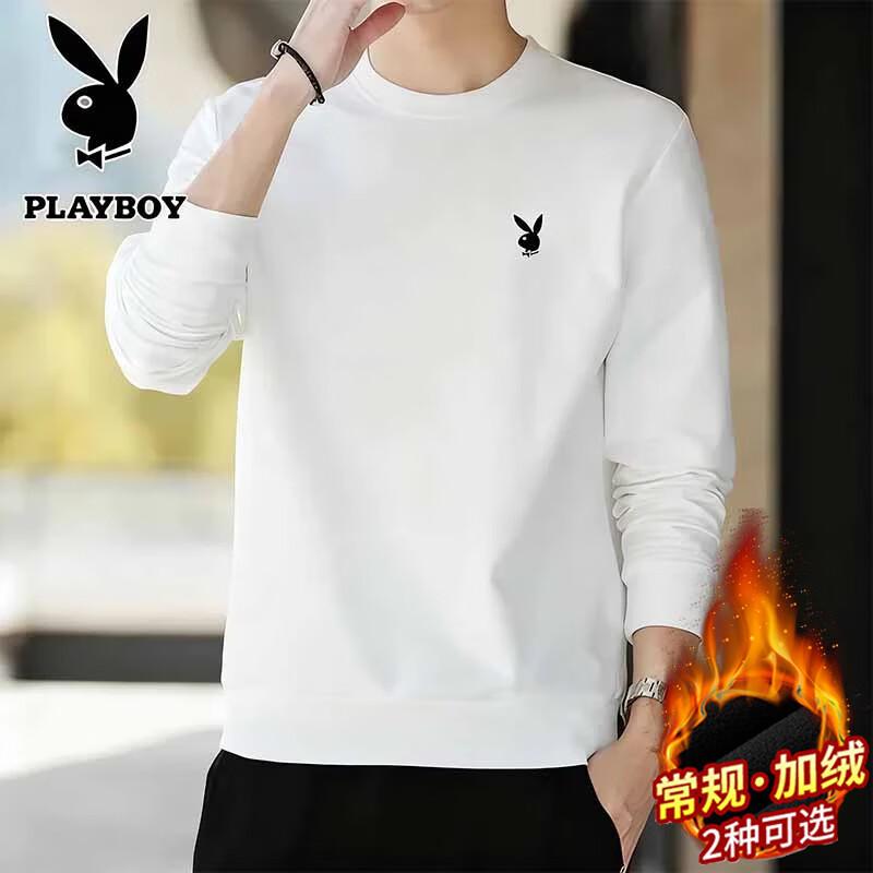 PLAYBOY Men's Long Sleeve T-Shirt Autumn Winter Fleece Lined Warm Crew Neck Casual Base Layer Black Fleece 5XL