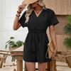 Summer New Style Versatile Casual Style One-piece Short Pants in Solid Color with A Fitted Waist and V-neck One-piece Pants