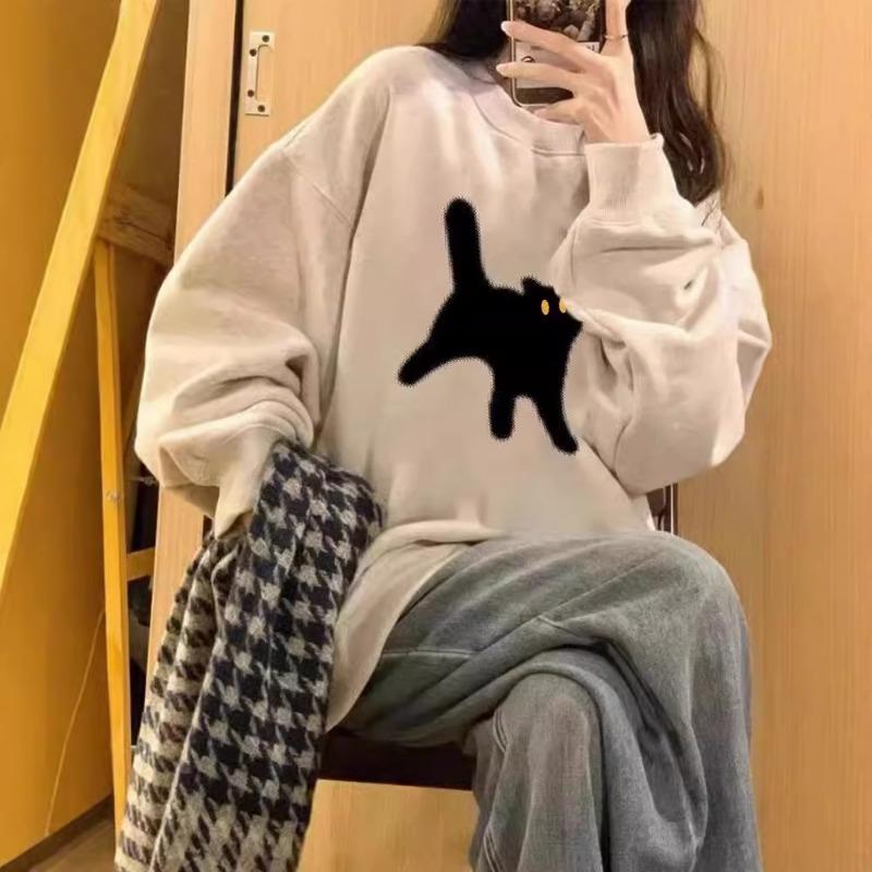 Spring Autumn Vintage Women's Loose Casual Cat Printing Sweatshirt Fashion Simple All-match Pullover Top Female