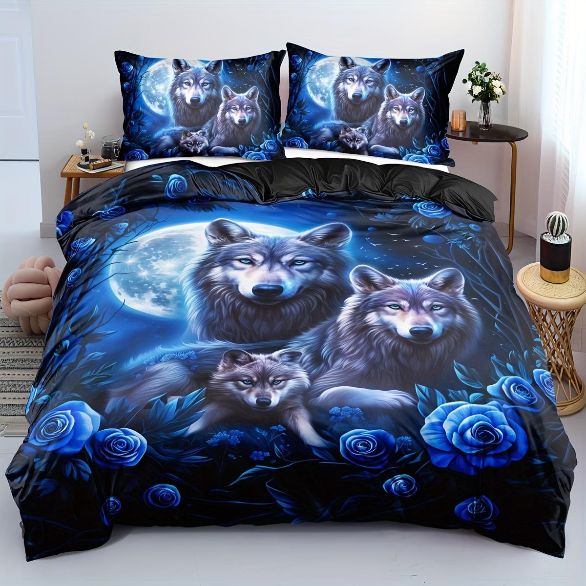 

2/3pcs Soft Comfortable Duvet Cover Wolf bedding set Set Blue Flower Bedding set Wolves Animal Print Floral Duvet cover EU Twin(135x200cm)