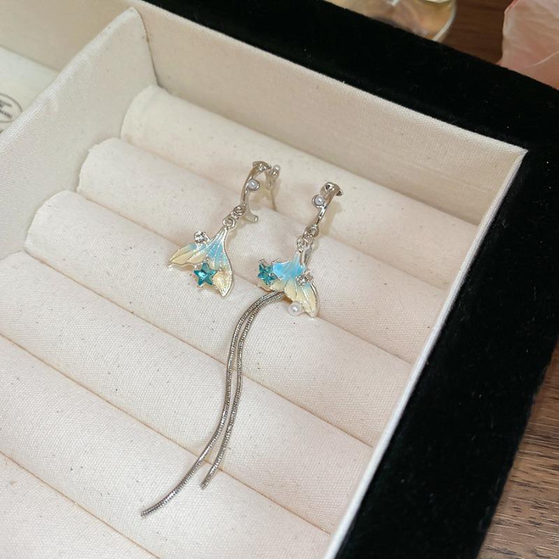 Silver Needle Diamond Pearl Fish Tail Tassel Earrings Summer Holiday Style Exquisite Versatile Earrings Fresh and Sweet Earrings Women