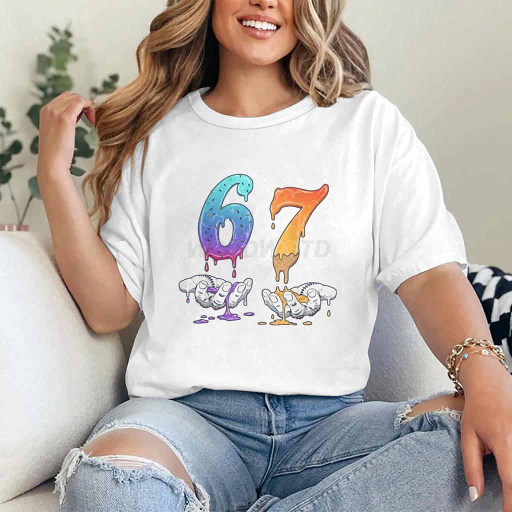 6 7 Number Print Tshirt for Unisex Women Funny 6 7 Memes Drip Fashion Casual Tops Streetwear Six Seven Womens Unisexs Clothing