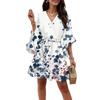 Women's Vintage Printed V-Neck Half Sleeve Corseted Temperament Casual Dress (Belt Included)