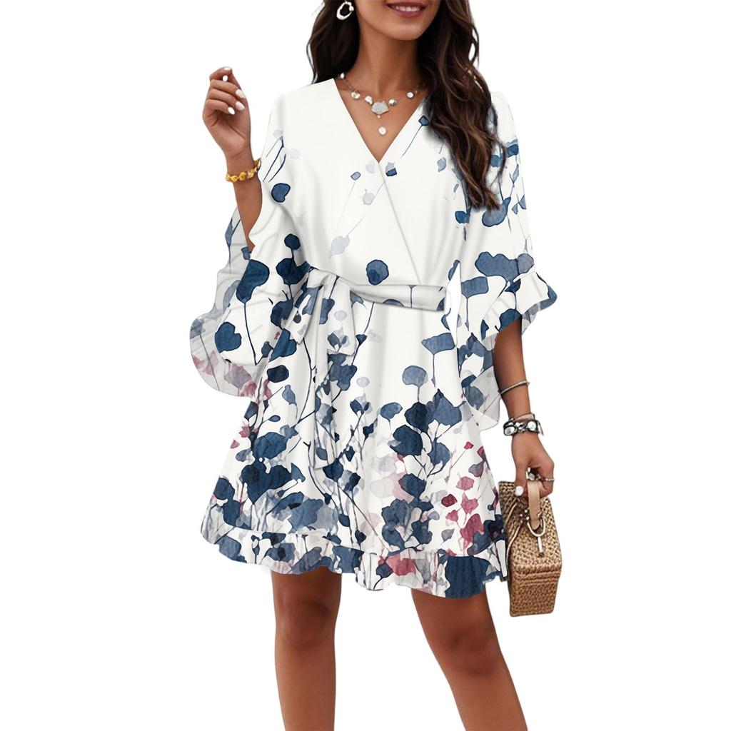 Women's Vintage Printed V-Neck Half Sleeve Corseted Temperament Casual Dress (Belt Included)