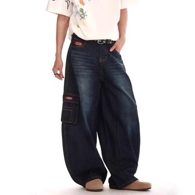 High Street Vintage Multi-Pocket Cat Whiskers Design Sense Wide Leg Jeans Summer Men's American Embroidery Design Sense Long Pants
