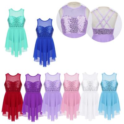 Kids Girls Sleeveless Irregular Hem Lyrical Dance Ballet Leotard Dress Performance Costume