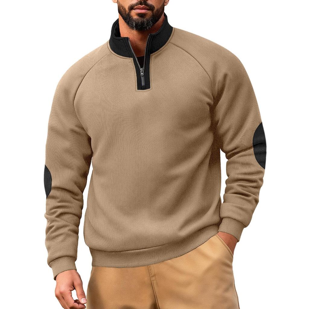 Men's Loose And Casual Two-color Fleece Stand-up Collar Pullover, Half-zipper Long-sleeved Sweatshirt