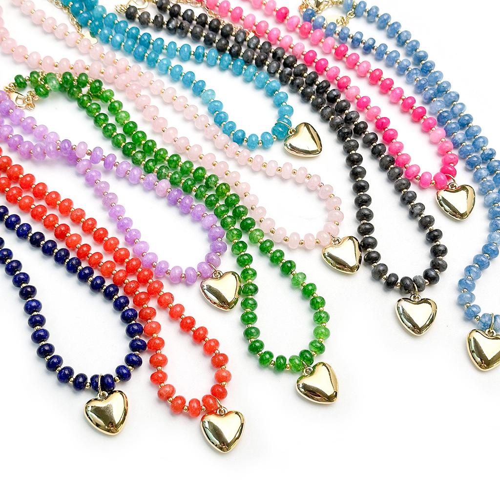 Gold Color Stainless Steel Puffy Love Heart Pendant Necklace Women Colorful Natural Stone Choker Summer Stackable Beach Jewelry