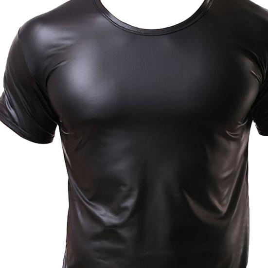 Men T-shirt Short Sleeve Elastic Faux Leather Undershirt Muscle T-shirt for Party