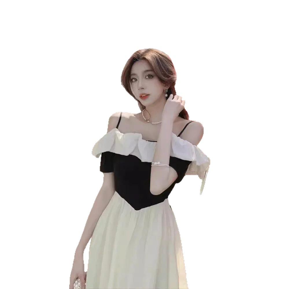 Elegant One-Shoulder Color Block Spaghetti Strap Dress – Women's Slimming, Waist-Cinched Long Dress for Early Spring
