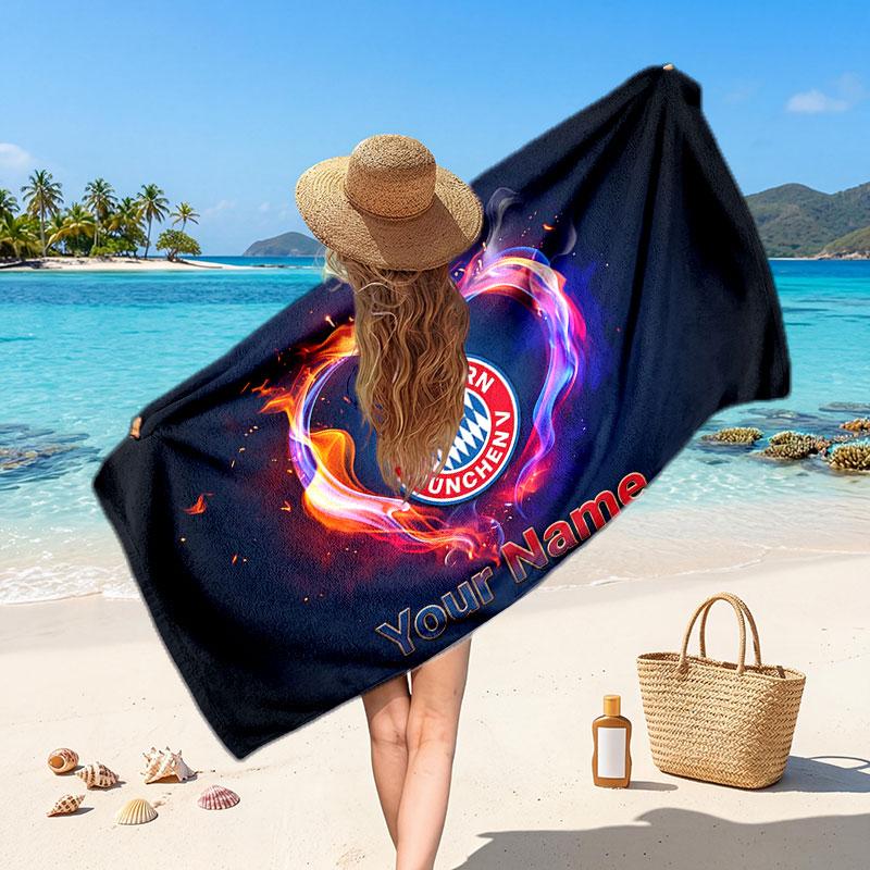 Bayern Munich Custom Beach Towel, Personalized Name Text Print, Football Logo Soft Quick‑Dry Towel Holiday Gift
