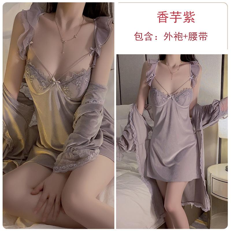 Women's Velvet Push Up Padded Backless Cami Sleep Dress with Robe for Fall Winter