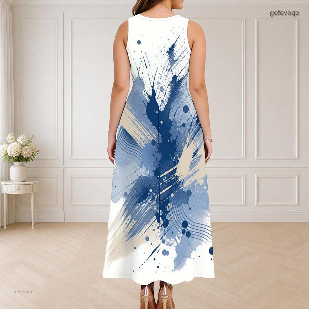 Women Plus Size Round Neck Triple Keyhole Cutout Sleeveless Printed Blue Beige White Long Maxi Dress