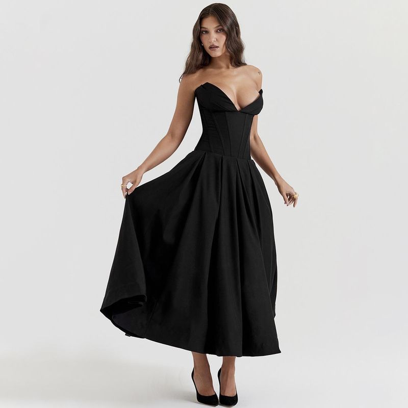 Fall 2024 New Arrival Graceful Tube Top Swing Long Formal Dress V Sharp Angle Fishbone Cinched Waist Slim-Fit Dress