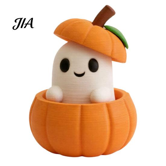 Creative Pumpkin Gift 3D Printed Ghost Ornament with Removable Figurine, Halloween Desktop Cute Figurine Decoration, Statue for Home Office