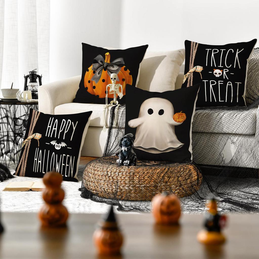 1/4Pcs Halloween Pillowcase, Halloween Orange Pumpkin Ghost Cushion Cover, Decorative Sofa, Living Room, Bedroom Cushion Cover