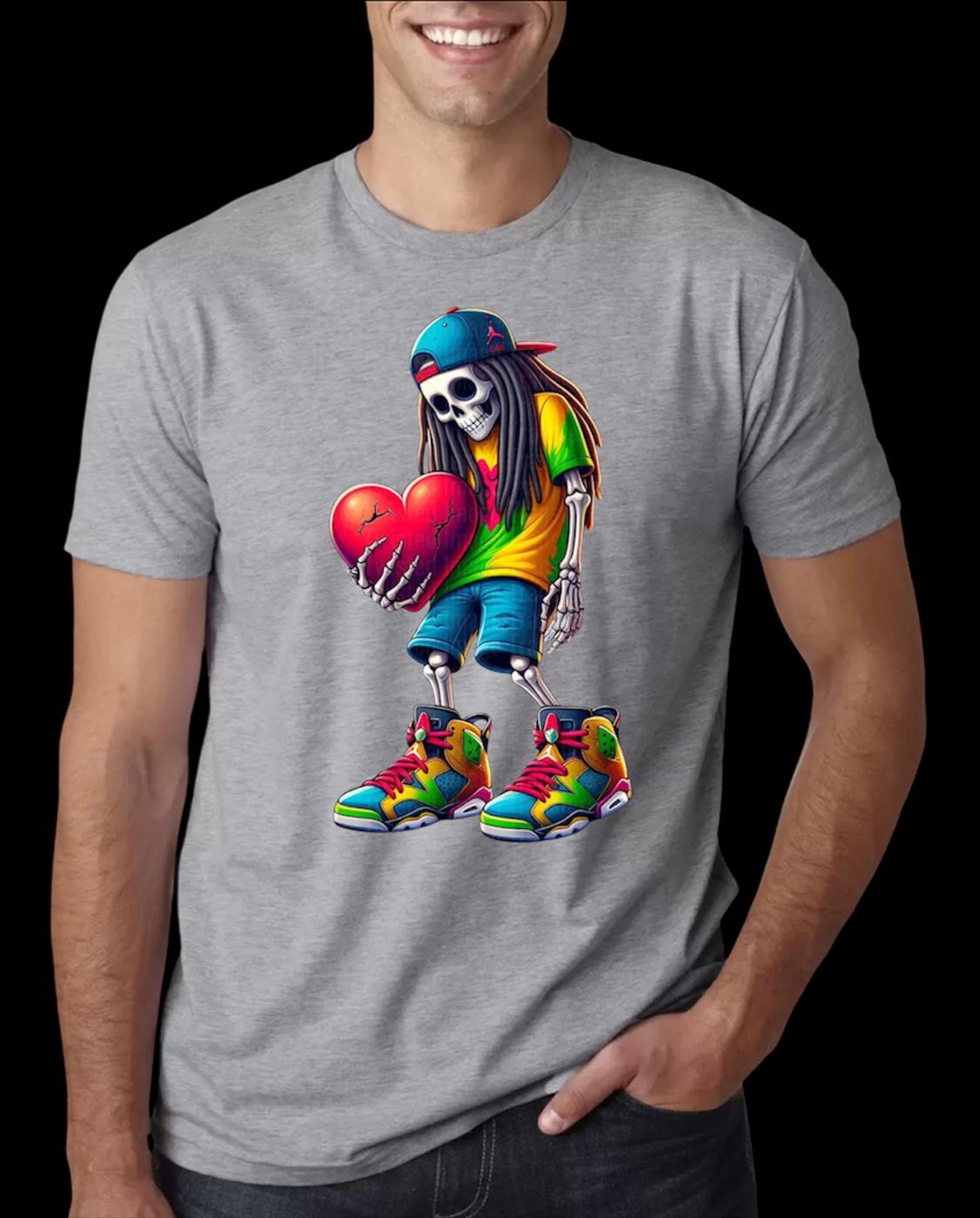 Urban Skeleton Holding Heart Graphic T shirt Colorful Streetwear Tee 3XL