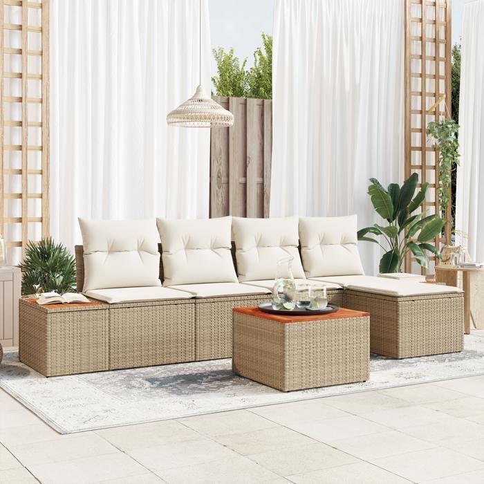 VidaXL Ensemble de canapé de jardin 6 pièces avec coussins Beige Poly Rotin Acacia 3348072