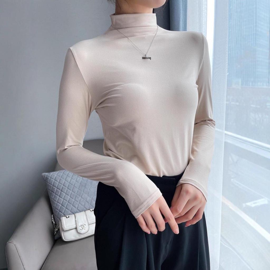 Früher Herbst Nude-Feel Langarm-Top: Hautfreundlich, Stehkragen, Neunfarben-Mode, Japanisch-Koreanischer Trend, Milchseide für Damen