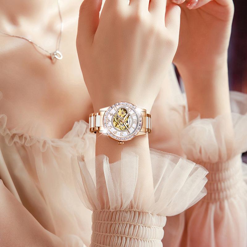 ORKINA-Automatic Watches for Women, Skeleton Mechanical Watch, Elegant Luxury Dress, Gold Gear, Diamond, White Ceramic BandGift