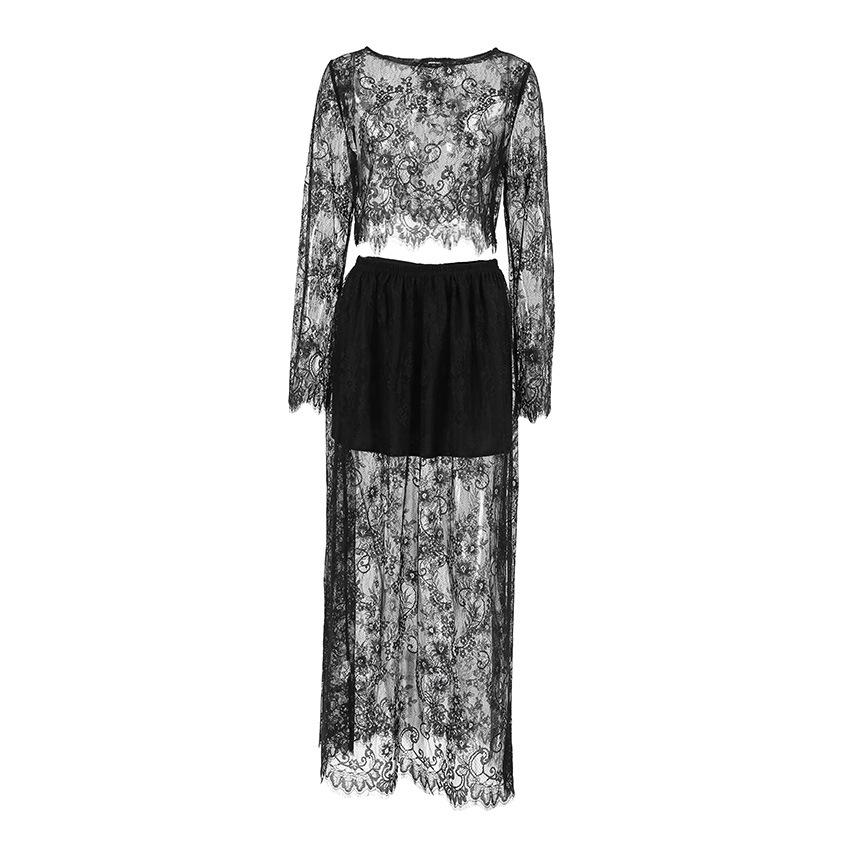 European and American women's clothing suit, sexy perspective brocade lace, long-sleeved short top, skirt, fashionable and casual two-piece set