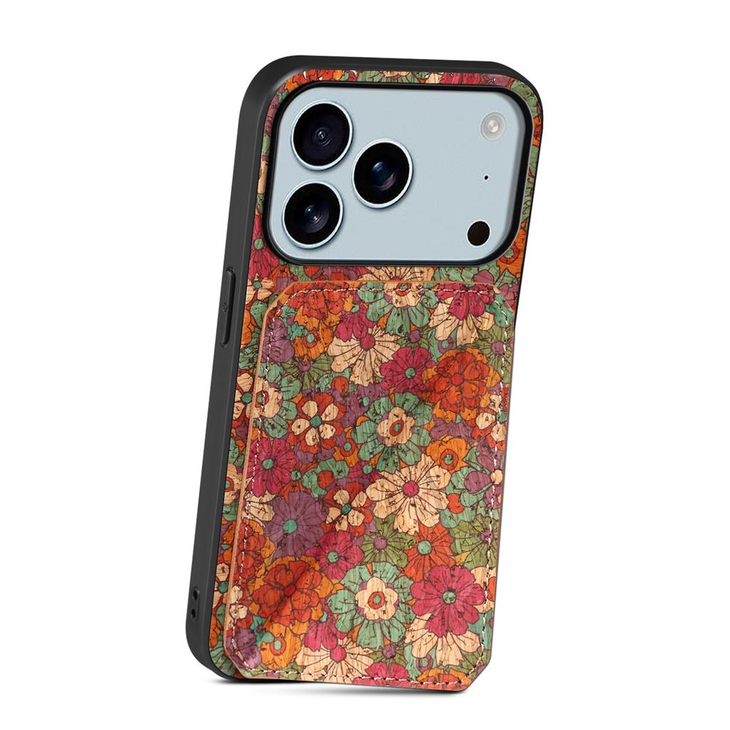 Kožený kryt pro iPhone 17 Pro Max s držákem karet, stojánkem a květinovým designem