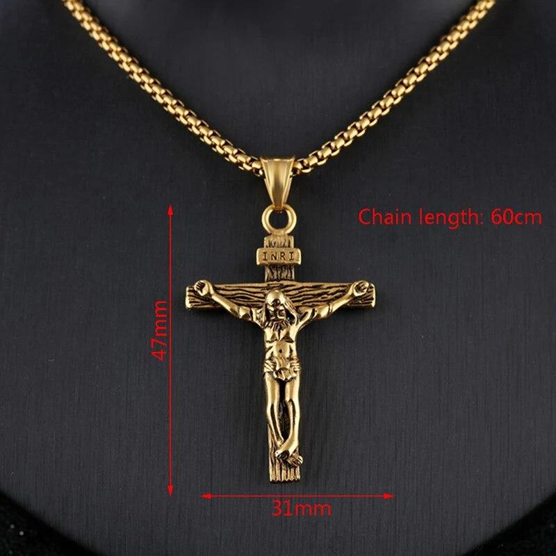 Bijoux Crucifix jésus Christ pour hommes et femmes, couleur or marron argent, pendentif croix en métal avec chaîne de cou, colliers pour hommes et femmes