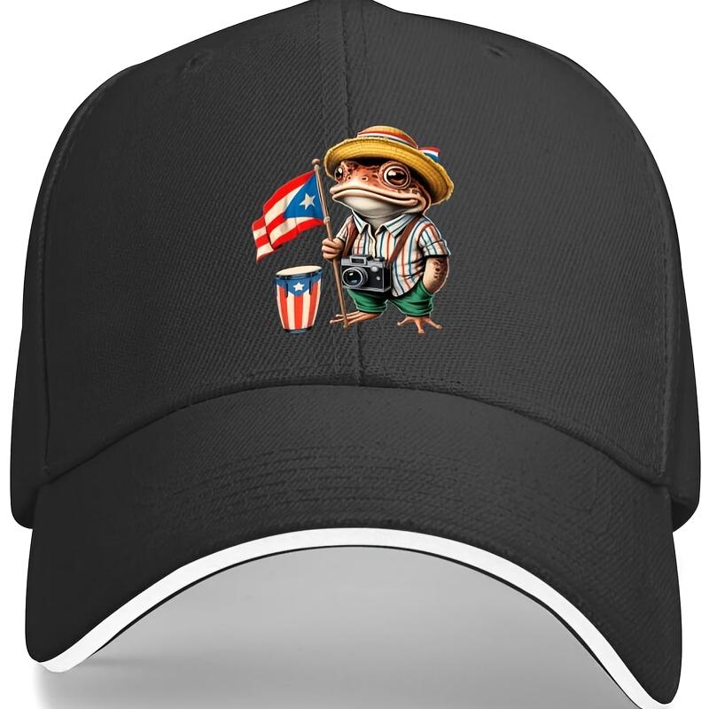 

Retro Stylish Multi-Purpose Casual Sandwich Baseball Hat Featuring Coqui Frog And Puerto Rican Flag Ideal for Food Delivery Gym ONE SIZE чёрный