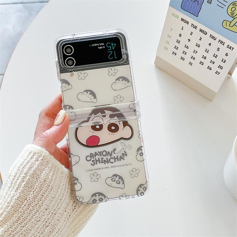 3D Anime Cute Cartoon Crayon Shin-chan Bracket Clear Folding Phone Case For Samsung ZFlip 3 4 5 6 7 Shin-chan Shake Holder Cover