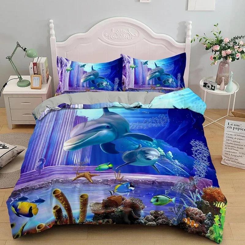 3D Dolphin In Blue Sea Queen King Size Bedding Sets Animal Single Quilt Duvet Cover Set Boys Adult Bed Polyester Bedclothes
