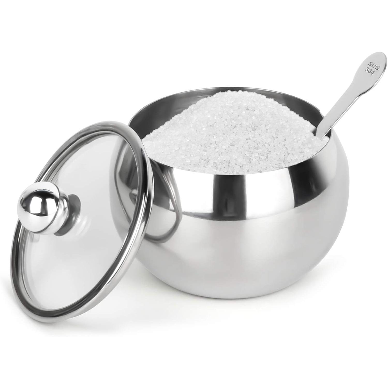 

Stainless Steel Sugar Bowl with Clear Lid and Sugar Spoon 8.1 Ounces(240 Milliliter) Sugar Container for Home and Kitchen Q1