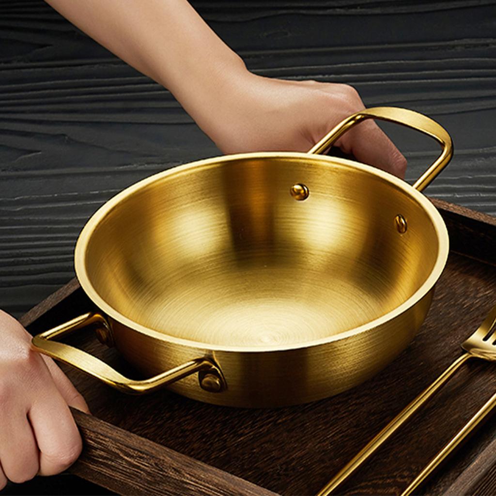 Doppelgriff-Bratpfannen 1350ML Verdickte Edelstahl-Bratpfanne mit flachem Boden zum Kochen von Meeresfrüchten, gebratenem Reis, Gold