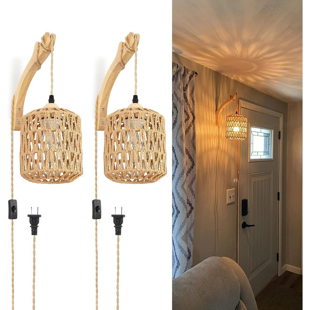 Plug In Wall Sconces Wicker Wall Lamp with Plug In Cord Hand Light Farmhouse Rustic Wall Sconces Boho Sconces Wall Lighting for Living Room Bedroom