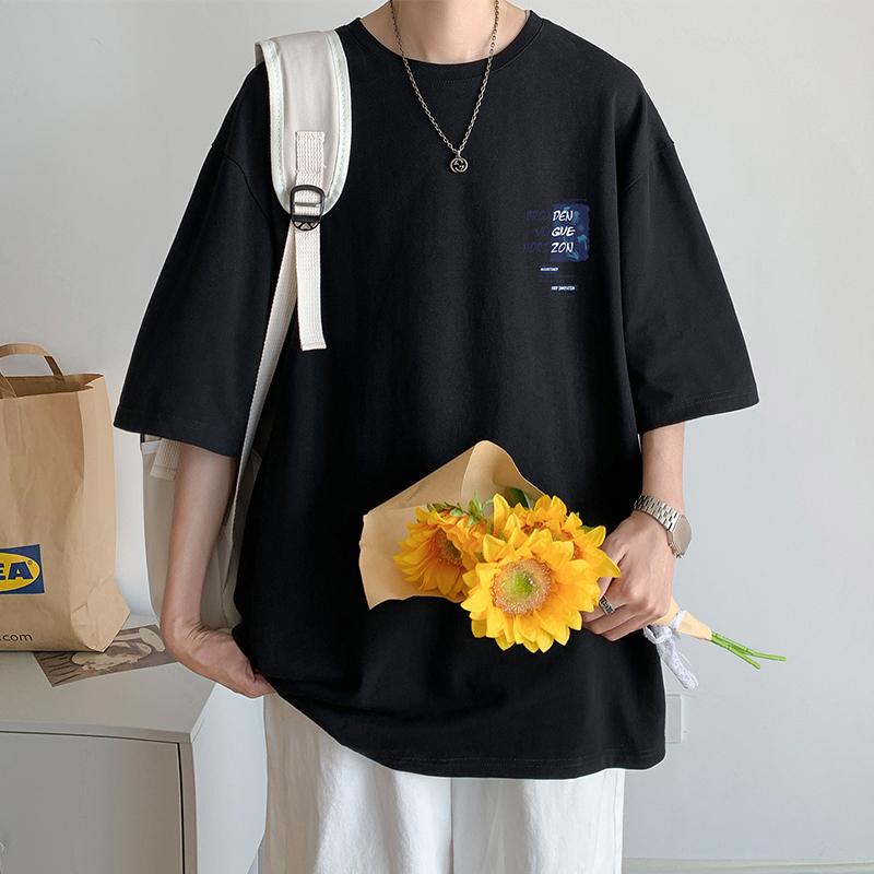 100% Cotton Printed Short Sleeve T-shirt Men's Half-sleeved Men's Fashion Brand Ins American Loose Body Shirt Men's Top