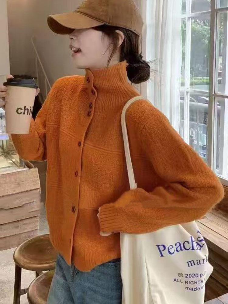 Women's Winter Korean High Neck Wool Sweater Coat - Casual, Warm, Single-Breasted, Loose Fit.