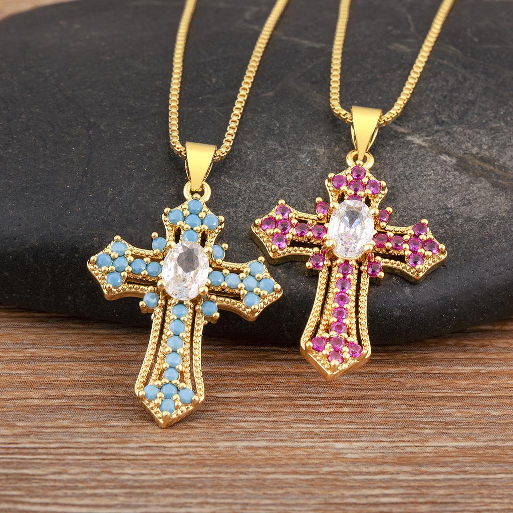 Nidin New Fashion Double Layer Jesus Cross Pendant Necklace 6 Colors For Women Men Shine Zircon Chain Link Jewelry Accessories