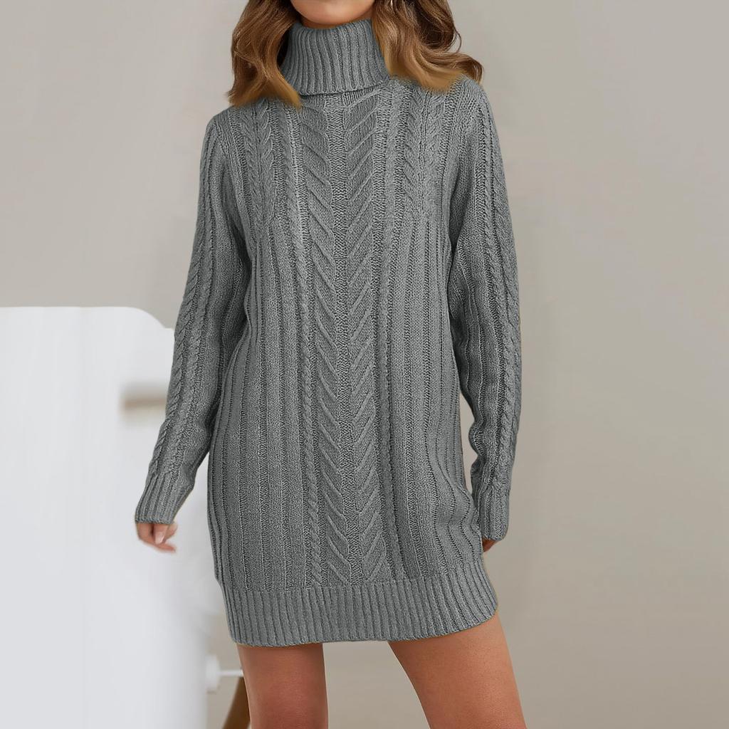 Women's Fall And Winter Knitted Long-Sleeve Turtleneck Cable-Knit Slim-Fit Sweater Dress