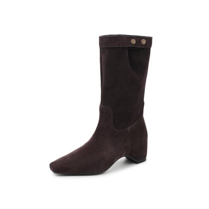 Autumn and Winter Women's Martin Boots Square Head Medium Heel Large Size Women's Boots Rubber Sole Stacking Boots Cowhide New Medium Boots Women