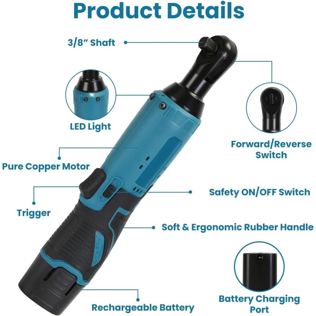 Set di chiavi a cricchetto senza fili, Avvitatore a cricchetto elettrico 12V con velocità 400 RPM, 7 bussole, 2 batterie agli ioni di litio da 1200 mAh e luce LED, Compatto
