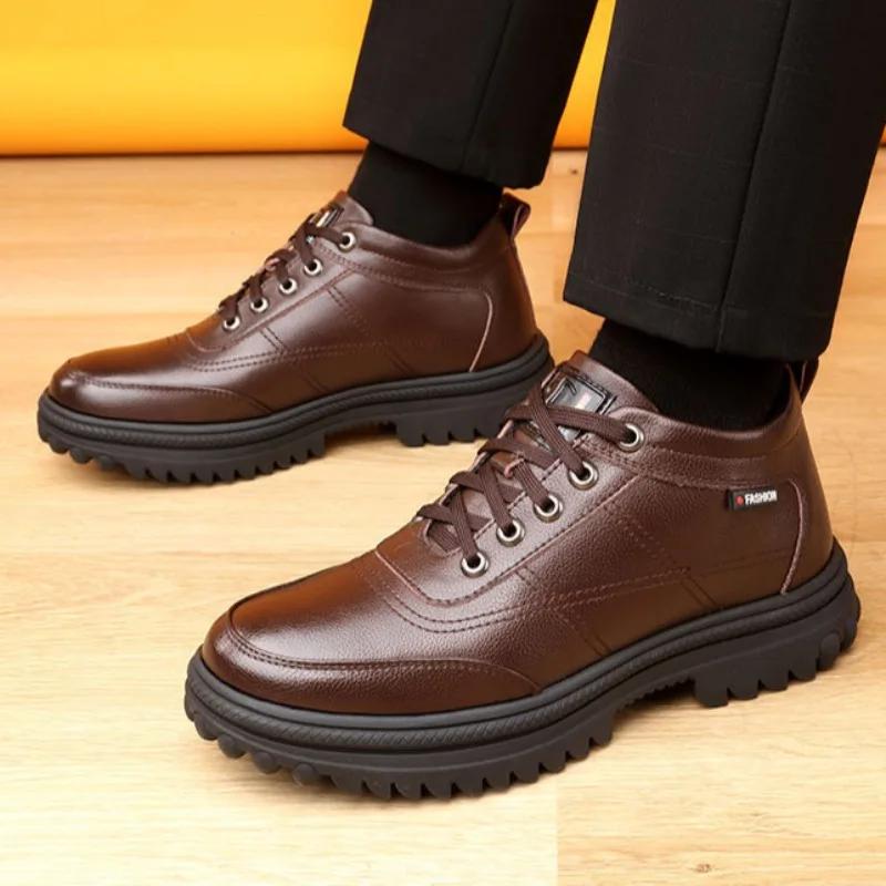 Fashion Men's Boots Plush Warm Cotton Boot Outdoor Waterproof Snow Boots for Men Business Casual Leather Boot Lace Up Ankle Boots Botas