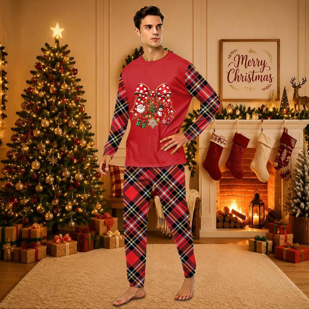 Christmas-print long-sleeve and long-pant matching family loungewear set