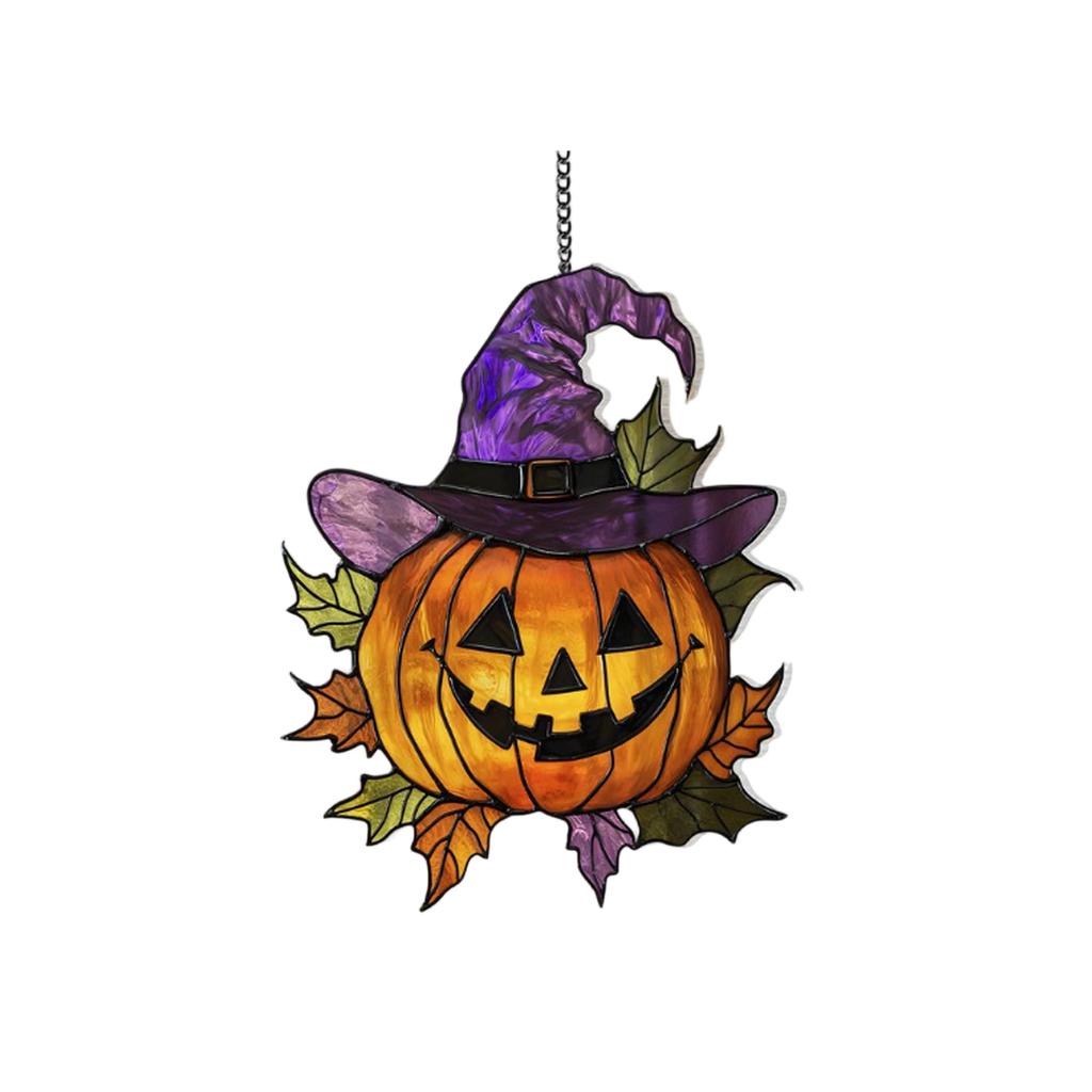 Acrylic Pumpkin Hanging Decoration with Witch Hat Halloween Theme Double Sided Flat Pendant for Indoor Outdoor Wall Door Window Display